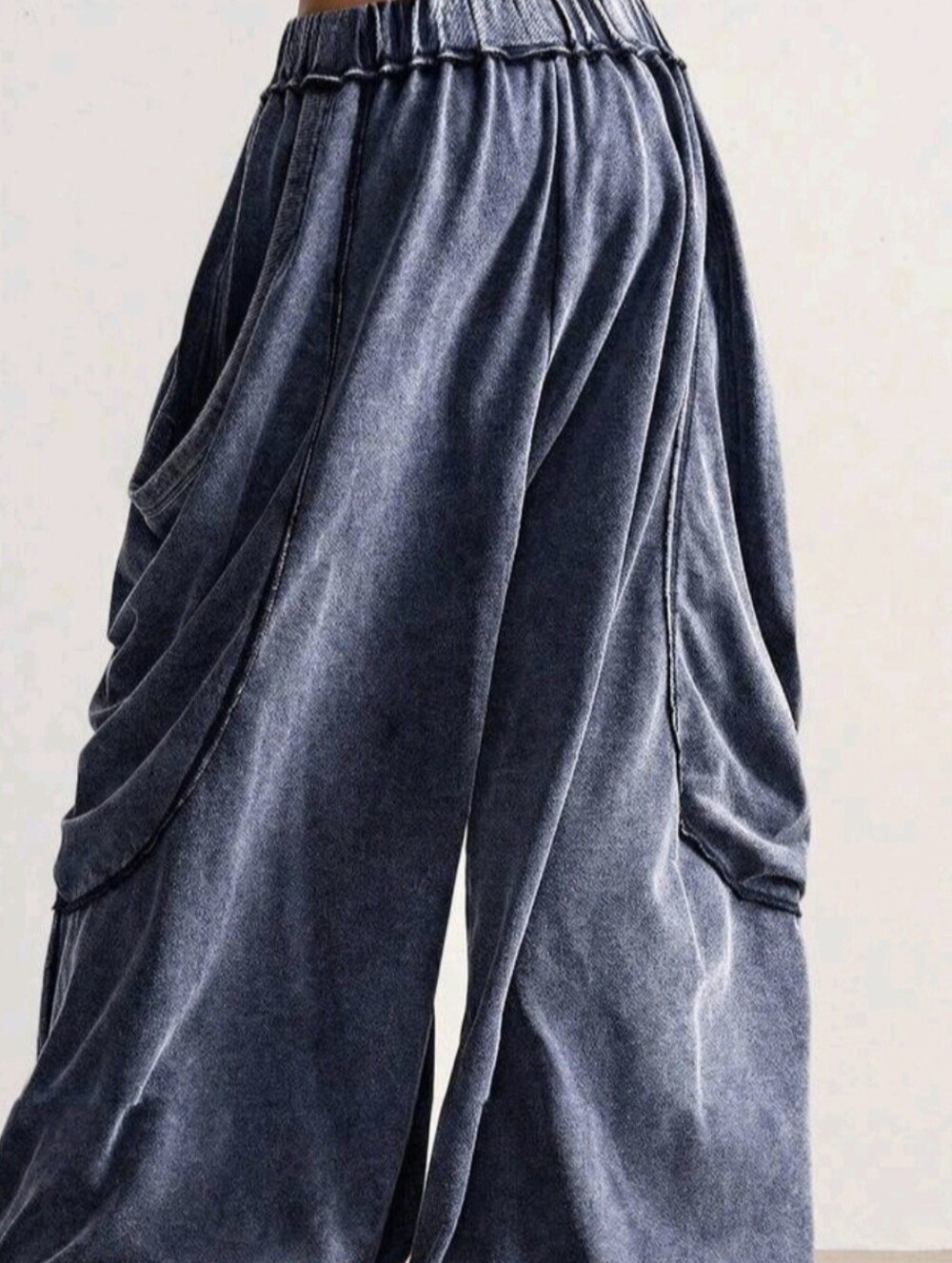 Draped Wide-Leg Boho Pants in Washed Plested Blue Elastic Plus Size XL Casual - Picture 4 of 7